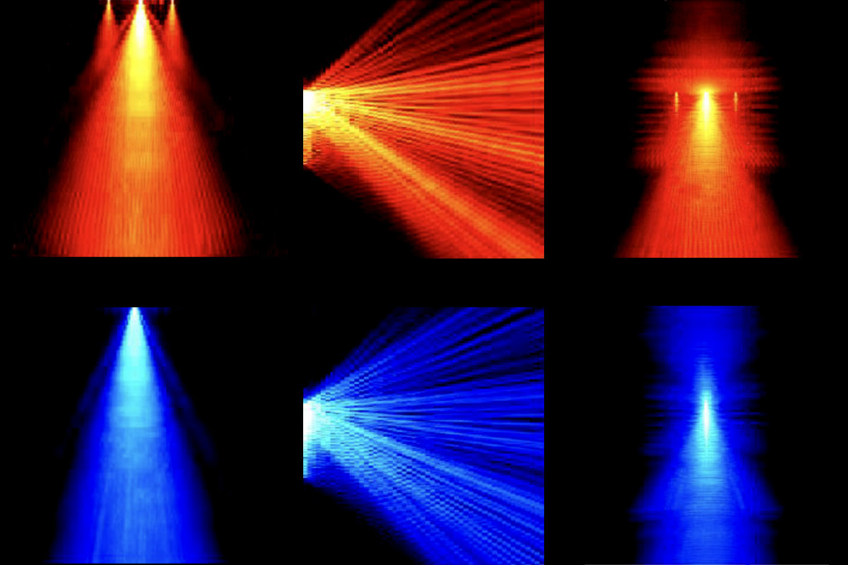 Two rows of three images of lasers
