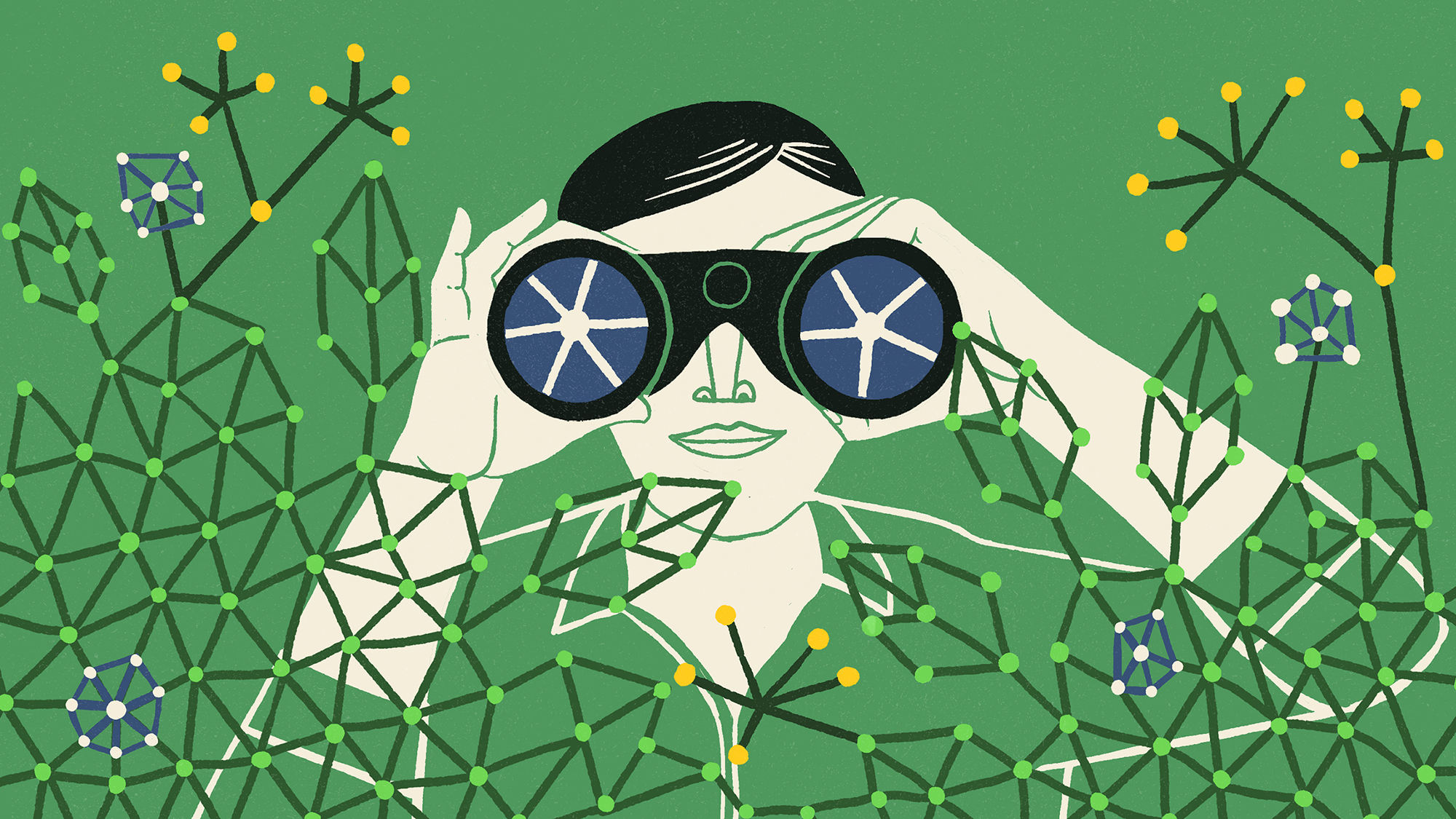 Person looking through binoculars surrounded by lines and dots