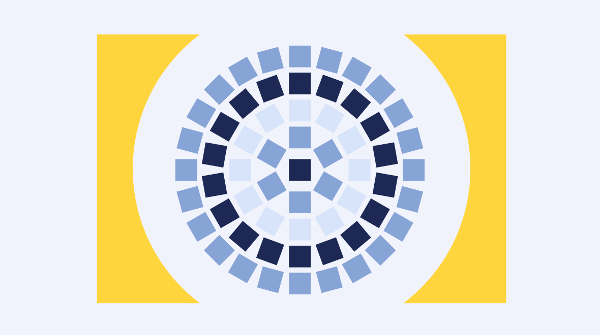 Abstract image of light blue and dark blue squares in concentric circles enclosed in yellow brackets.