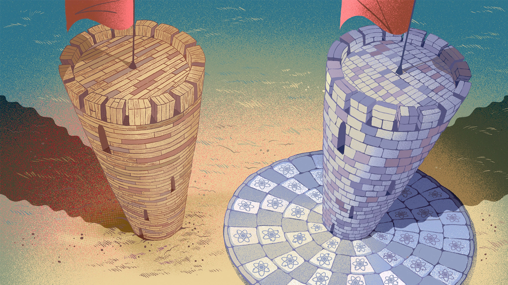 Castle towers with a flag on top of each one.