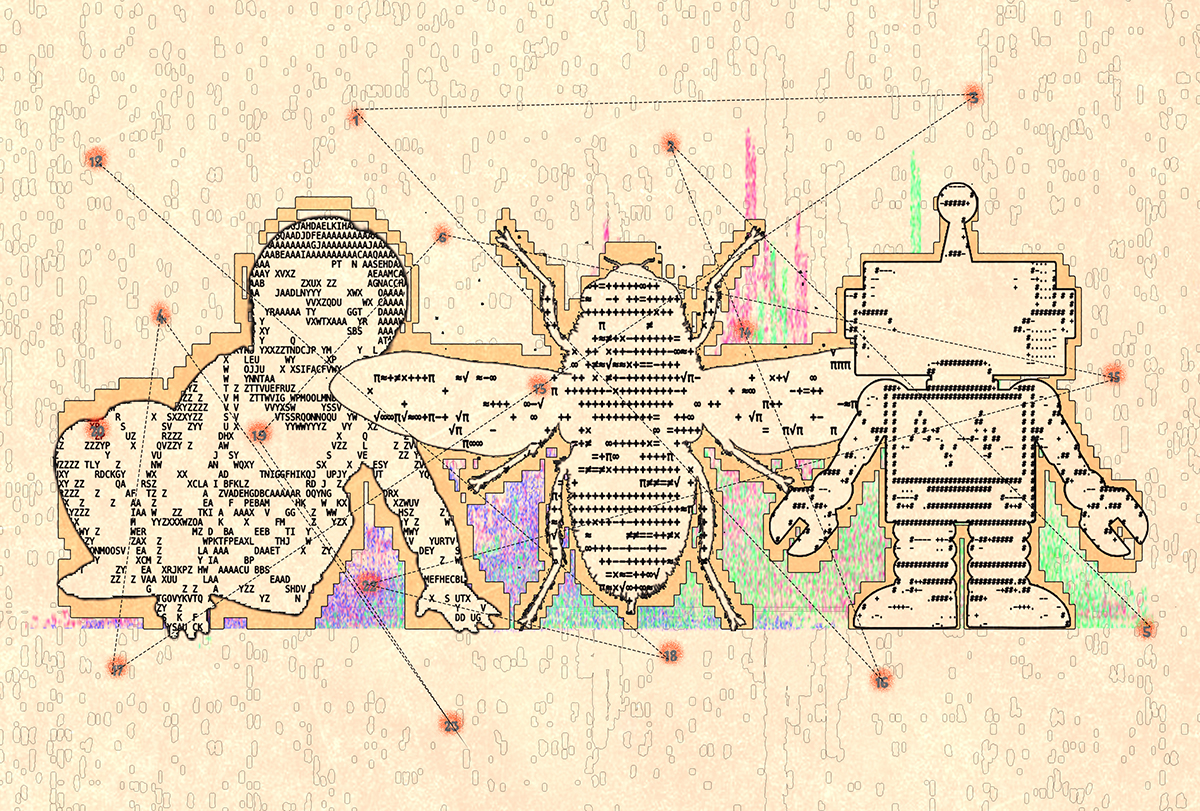 Digital drawings of a baby, bee and robot