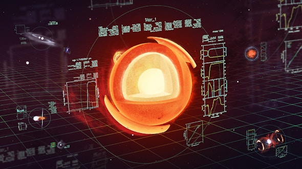 An illustration of a star's cross-section with an overlay of MESA code and charts.