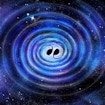 An illustration of gravitational waves from two black holes nearing a merger event.