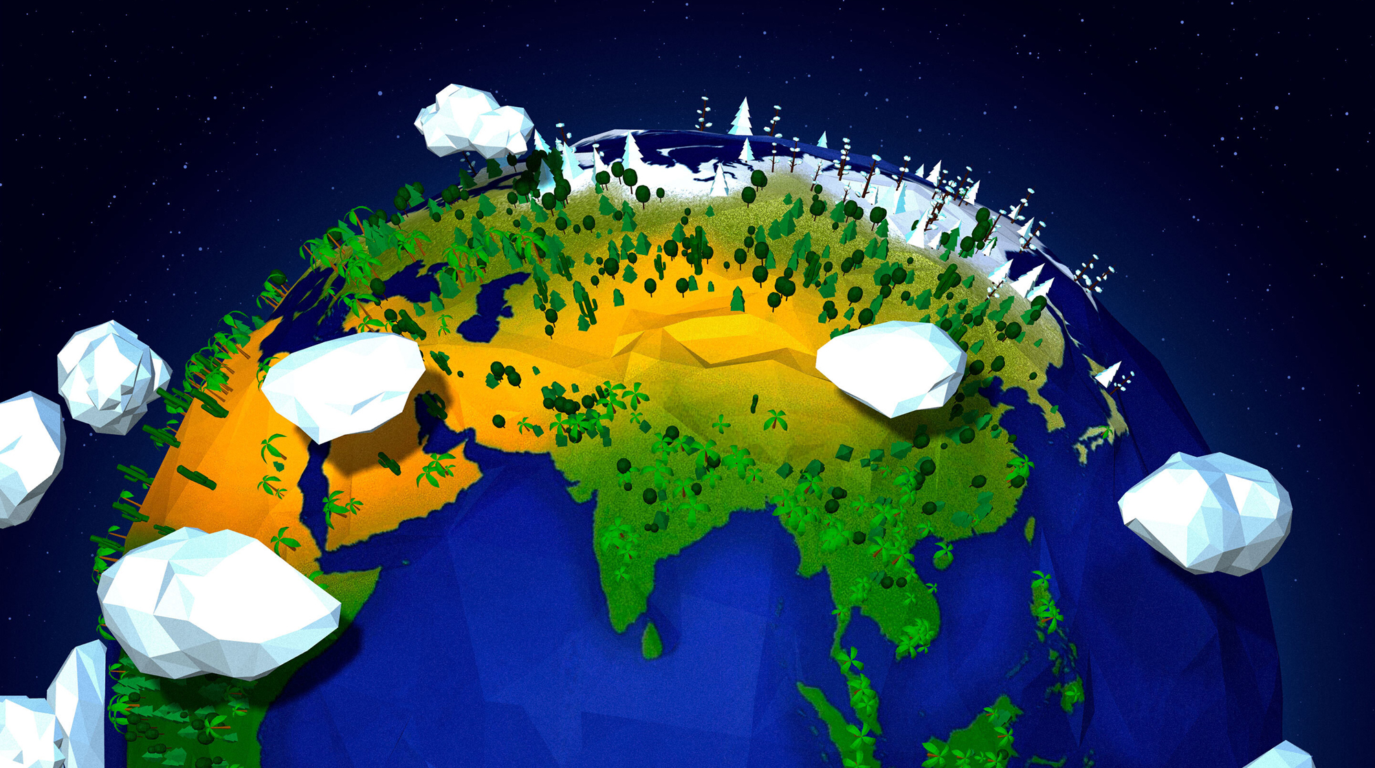 Low poly 3D graphic style illustration of the Earth with many different kinds of trees, desert regions, green regions and snowy regions. There are low poly 3D graphic clouds above the Earth.