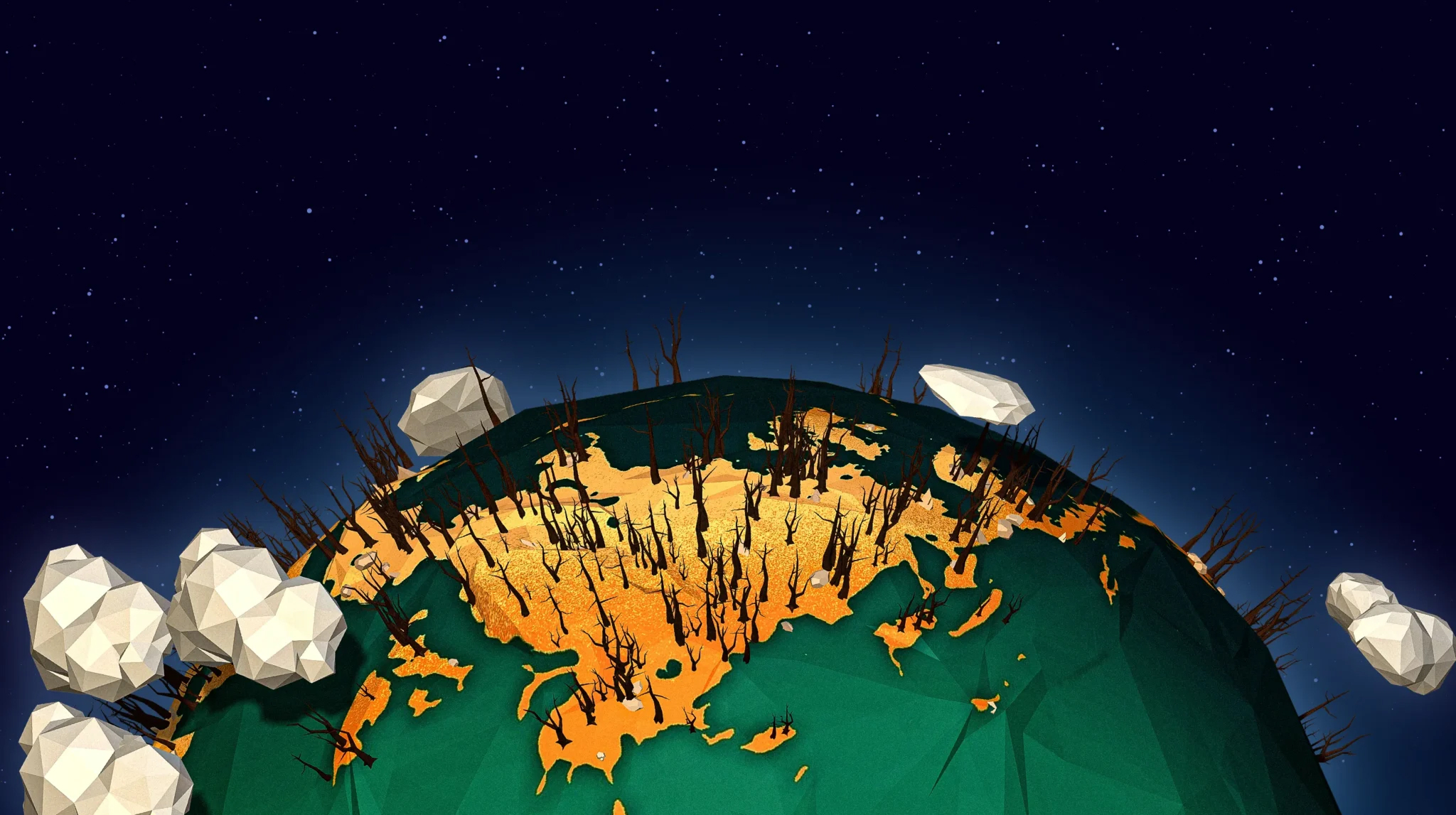 3-D model of a globe with clouds and branches sticking out of it