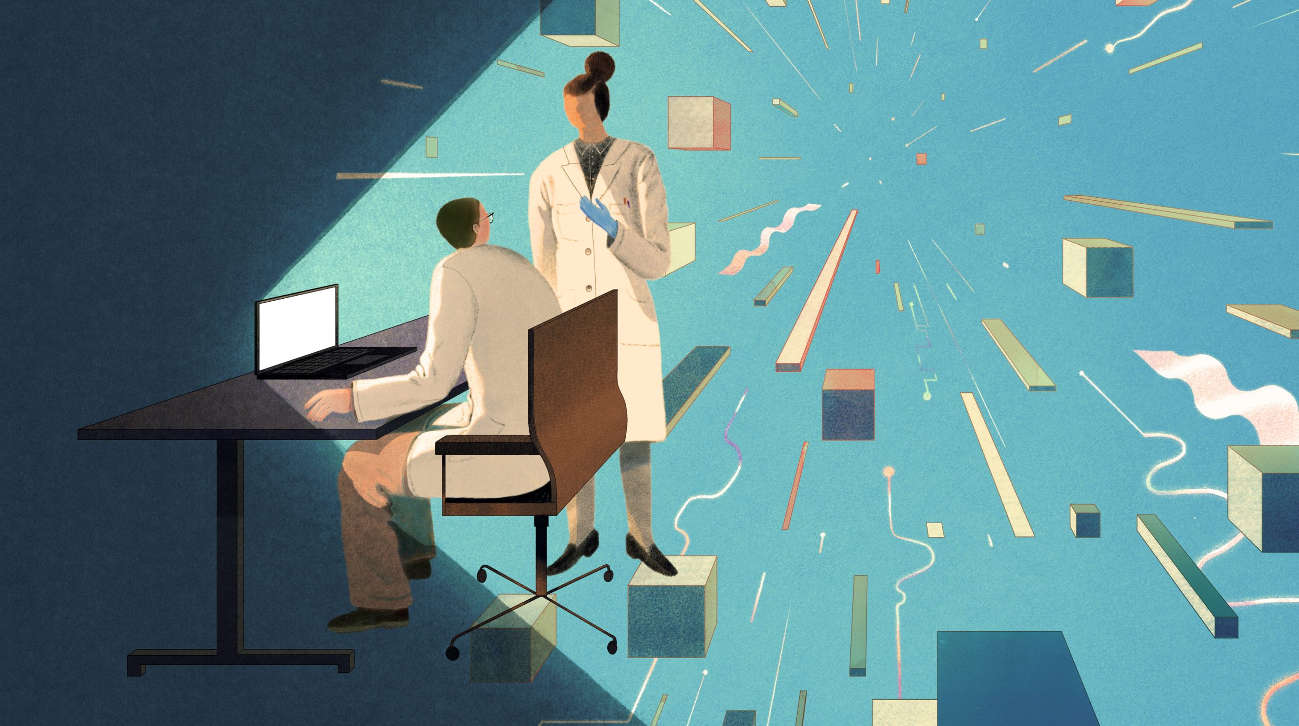 Illustration of researchers working at a computer surrounded by helpful modules and agents, depicted as floating cubes