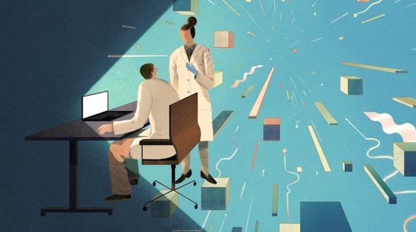 Illustration of researchers working at a computer surrounded by helpful modules and agents, depicted as floating cubes