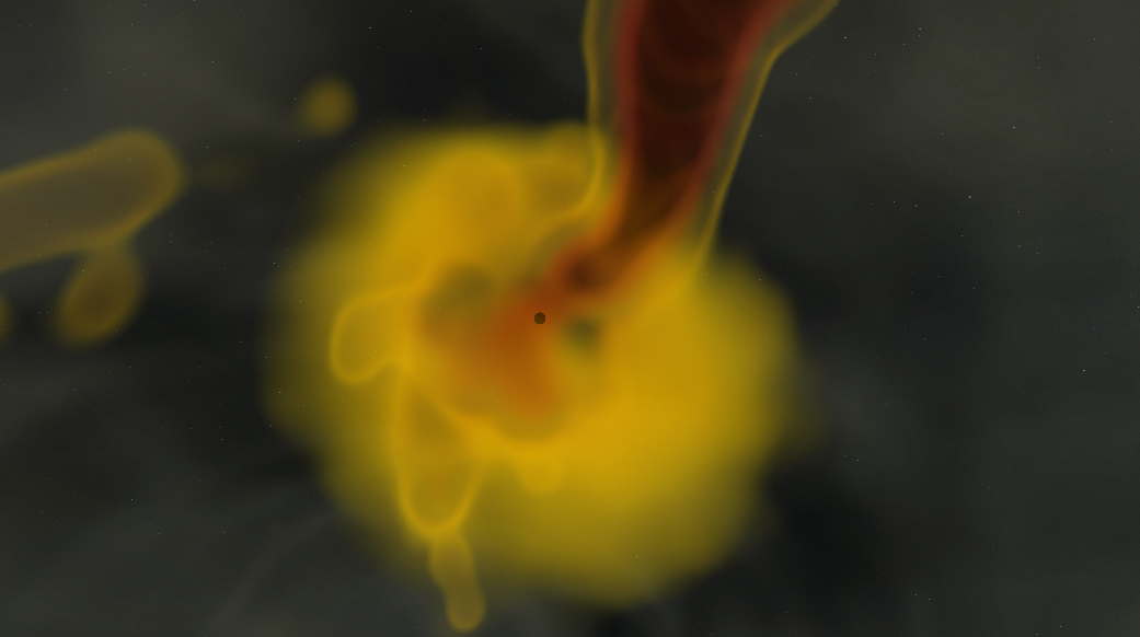 A computer simulation of a black hole, its jet and the surrounding disk and winds.