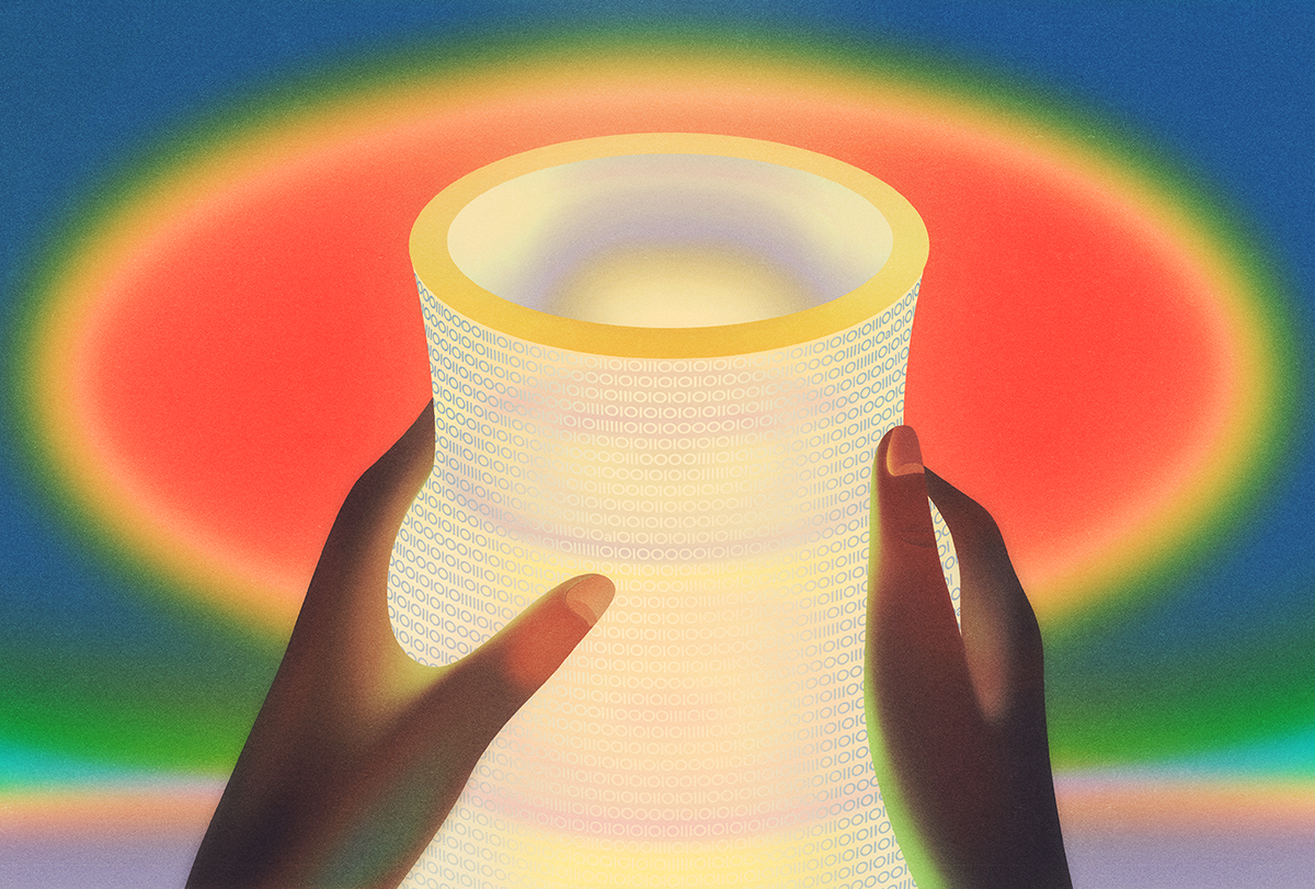 Hands hold scroll-like object made of ones and zeroes.