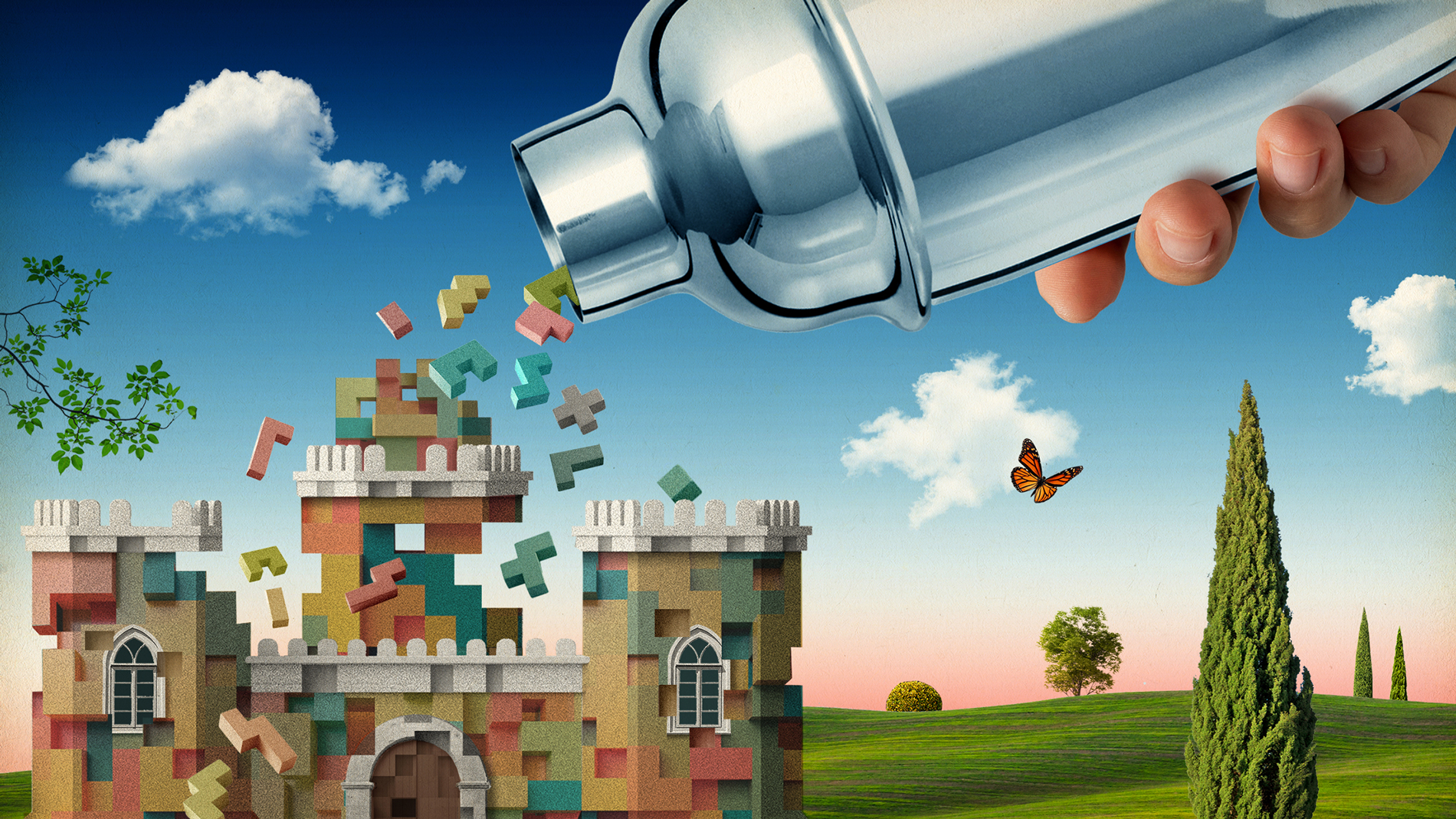 Cocktail mixer pour out puzzle pieces onto the roof of a castle