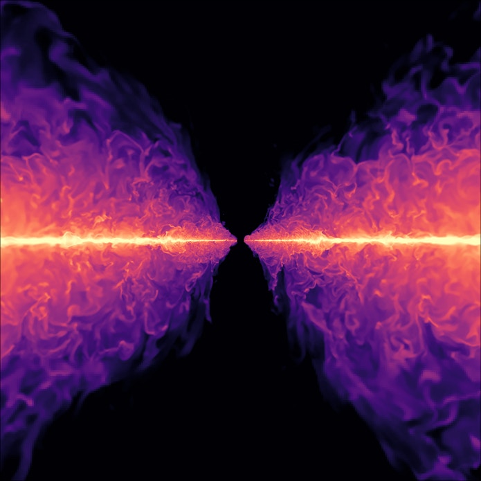 Still from a simulation showing a cross section of an accretion disk around a black hole.