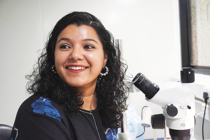 Portrait of Dr. Abhilasha Joshi in her lab, at the microscope.