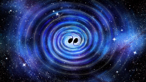 An illustration of gravitational waves from two black holes nearing a merger event.