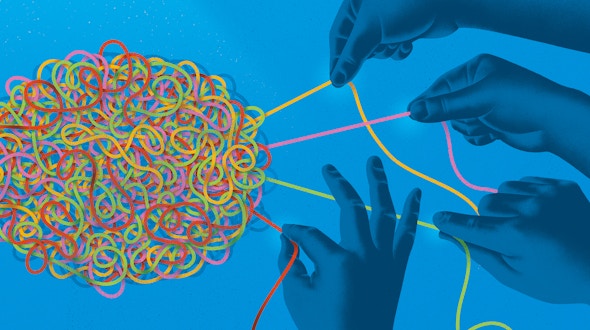 An illustration of a group of hands trying to untangle a large ball of multicolored string.