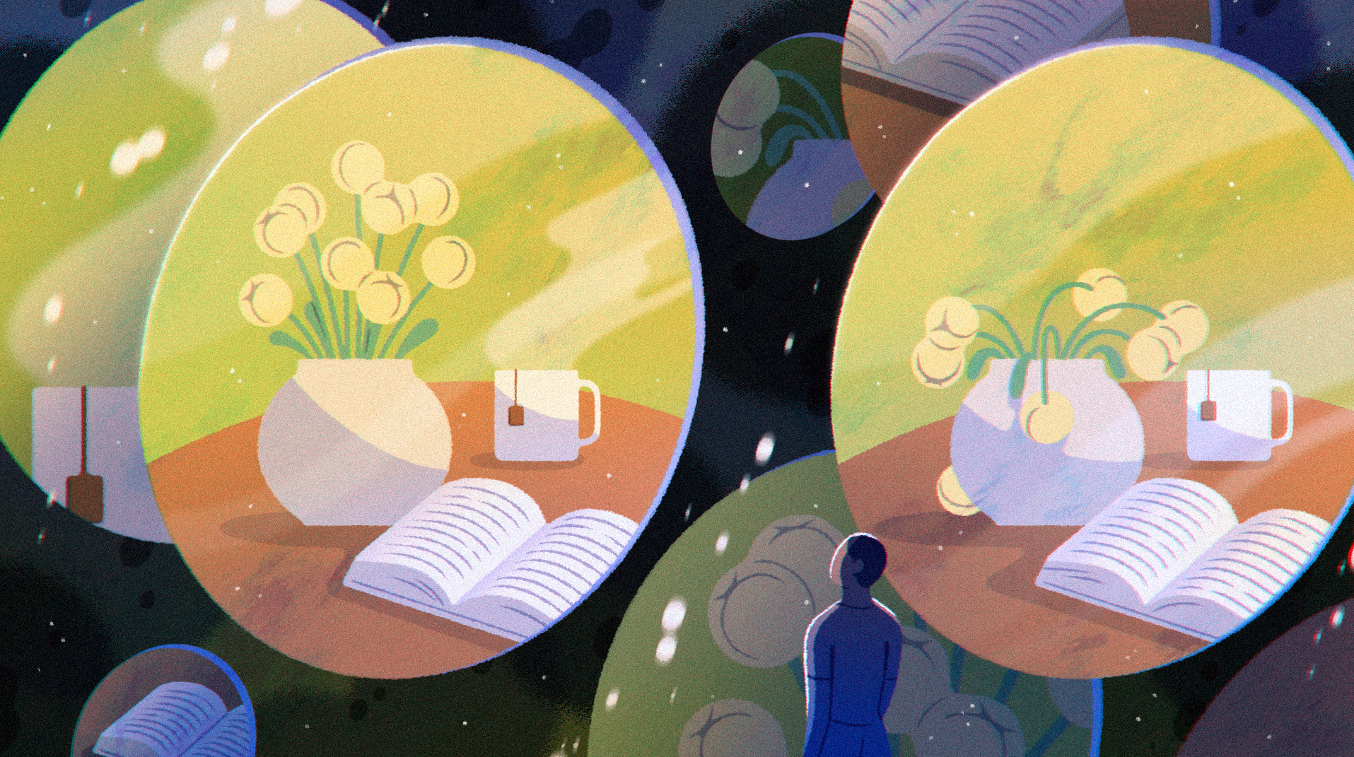 An illustration of a person looking at a vase of flowers and a cup of tea.