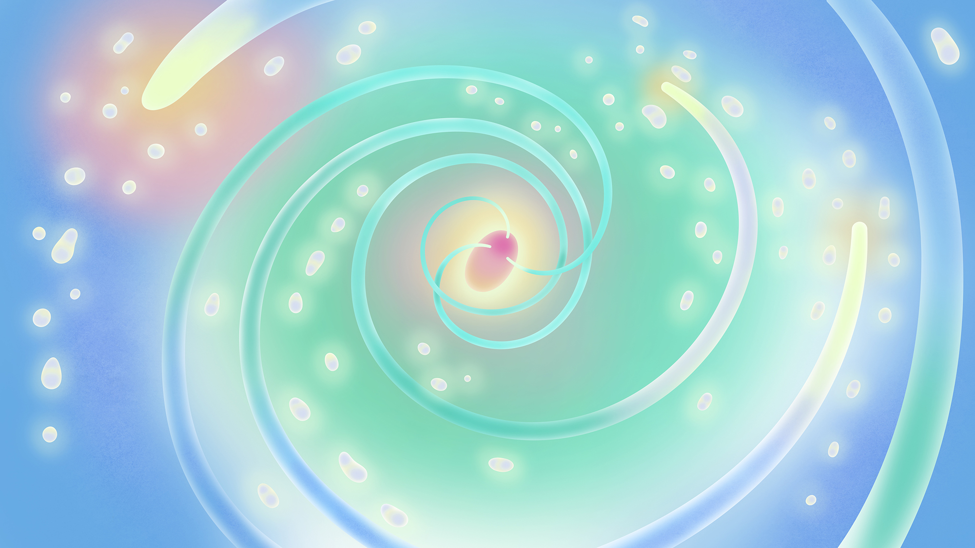 Stylized illustration of a swimming bacteria with a focus on their propeller-like flagella.