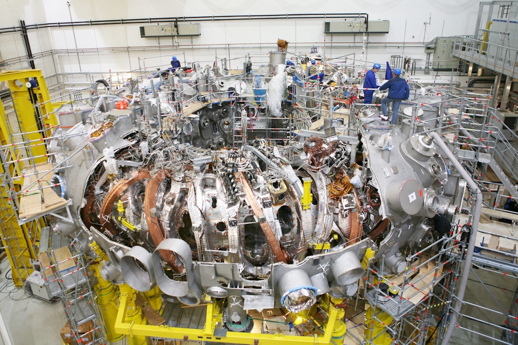 A photo of Wendelstein 7-X under construction.