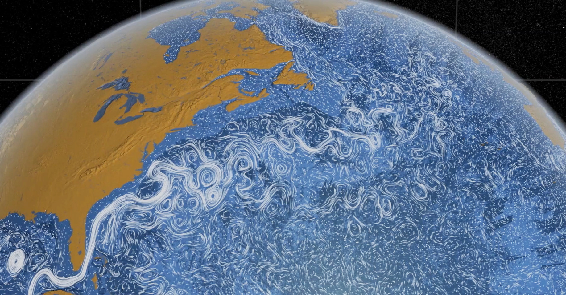 A view of the earth from space showing swirling ocean currents