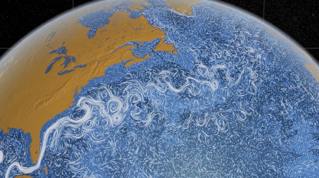 A view of the earth from space showing swirling ocean currents