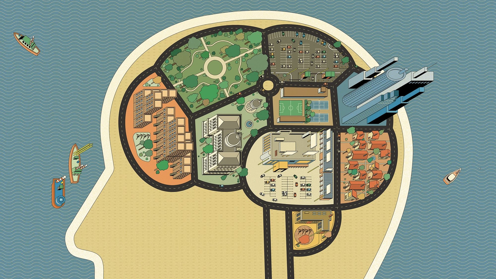 An illustration shows a brain subdivided into neighborhoods, each composed of a set of building types.