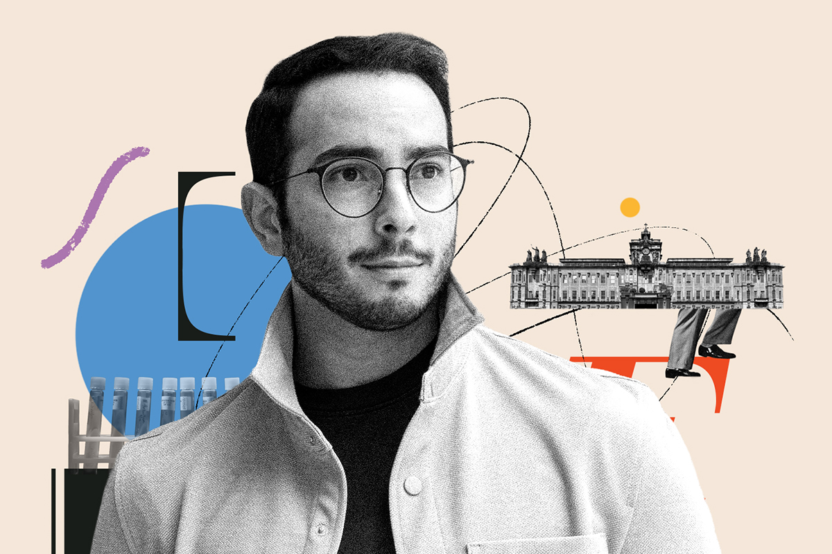 Portrait of Ubadah Sebbagh against a collage background of shapes, test tubes and a building.