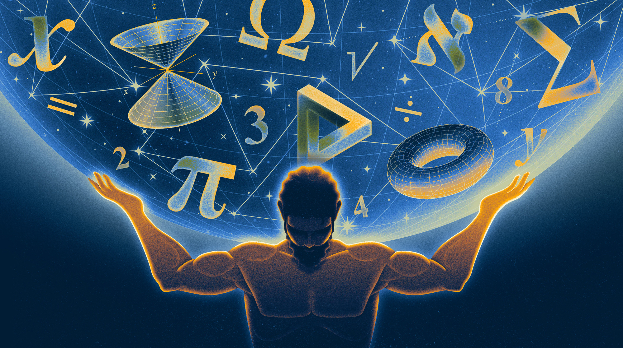 Atlas holding up a world filled with math symbols.
