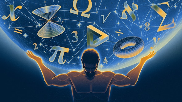 Atlas holding up a world filled with math symbols.