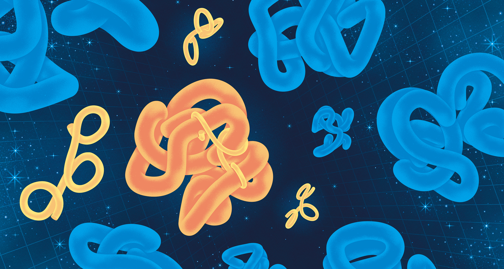 Illustration of abstract proteins floating through a starry sky.