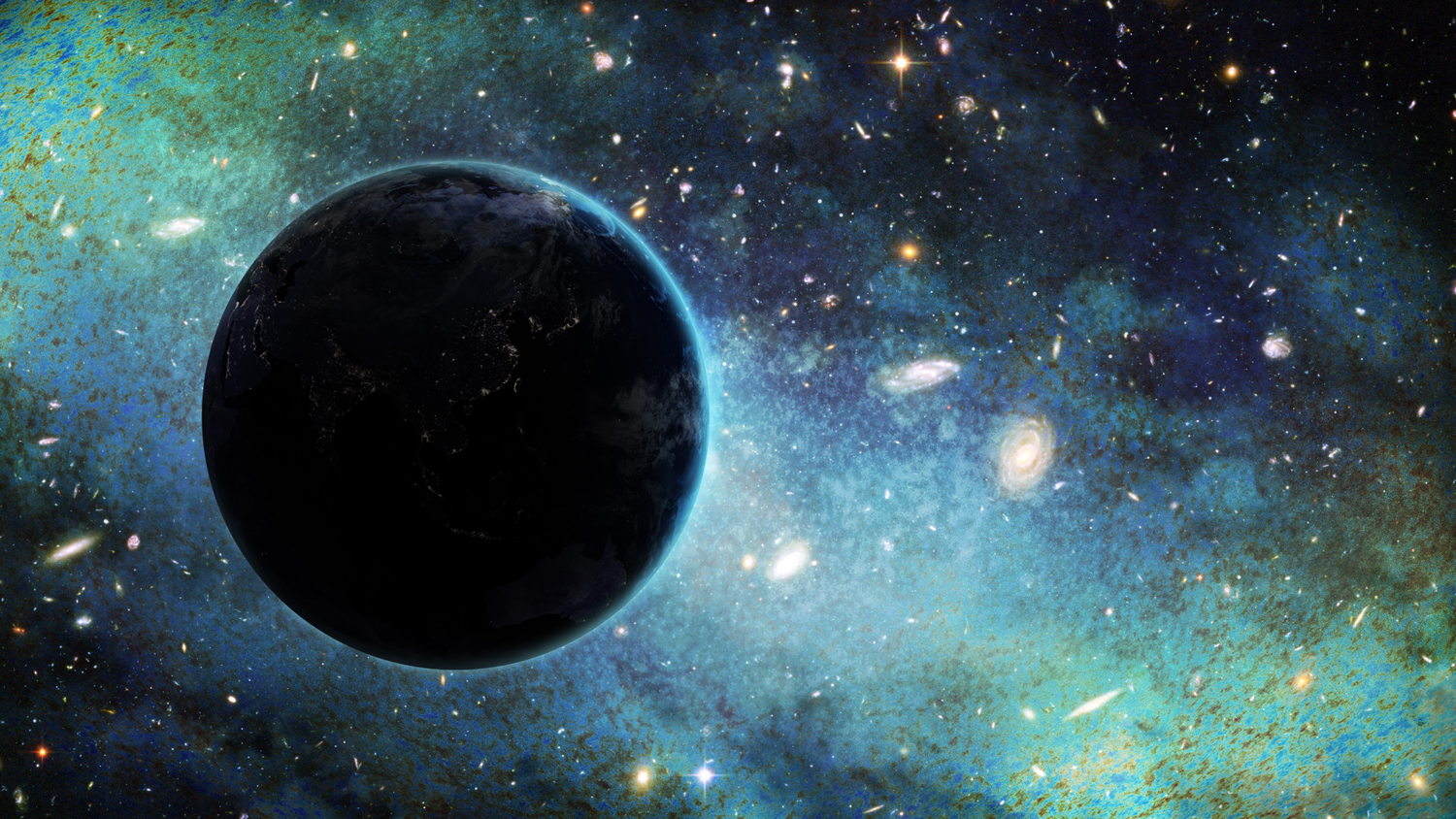 An illustration of Earth in silhouette with galaxies and the colorful CMB in the background.