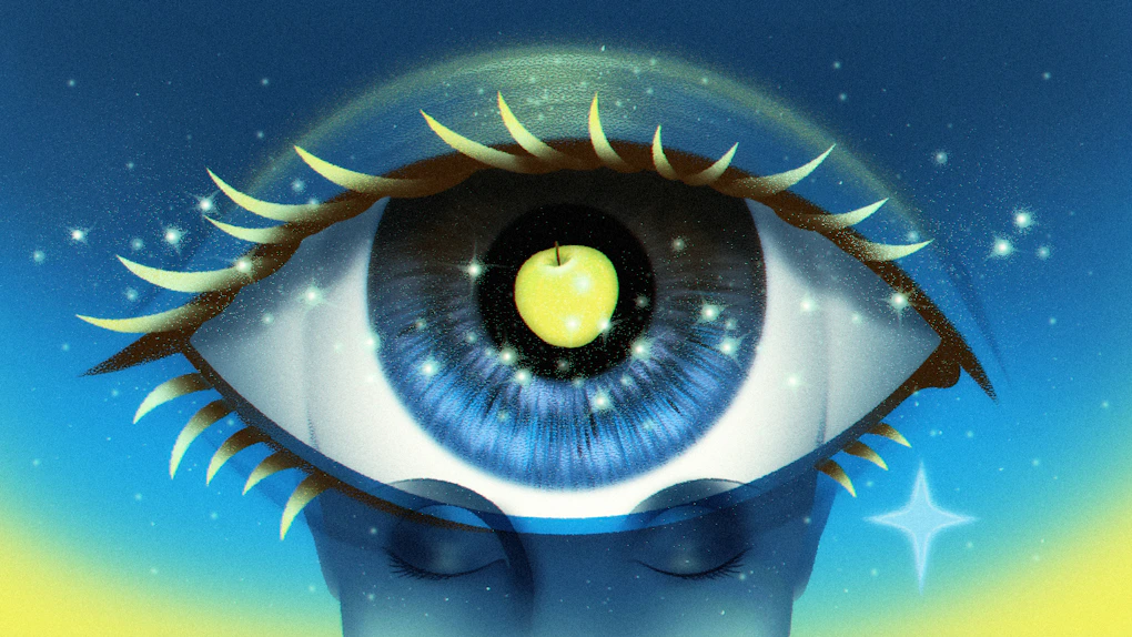 An illustration of a large mind’s eye that shows an apple in the brain and in the eye.