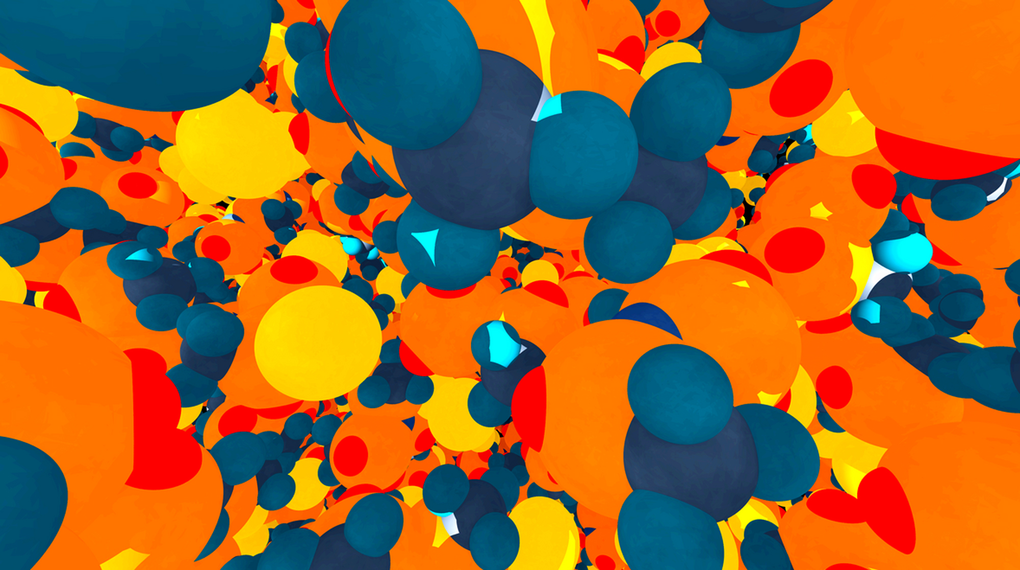 A still from a movie showing a view inside a dense LiTFSI system, filled with multicolored spheres bumping into each other.