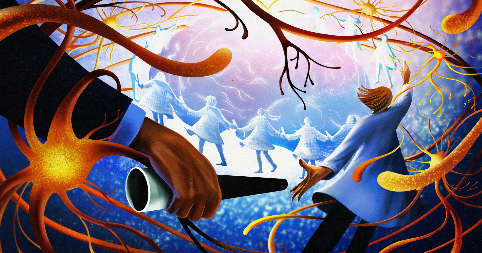 An illustration of many researchers collaborating together around a brain, with neurons in the background.