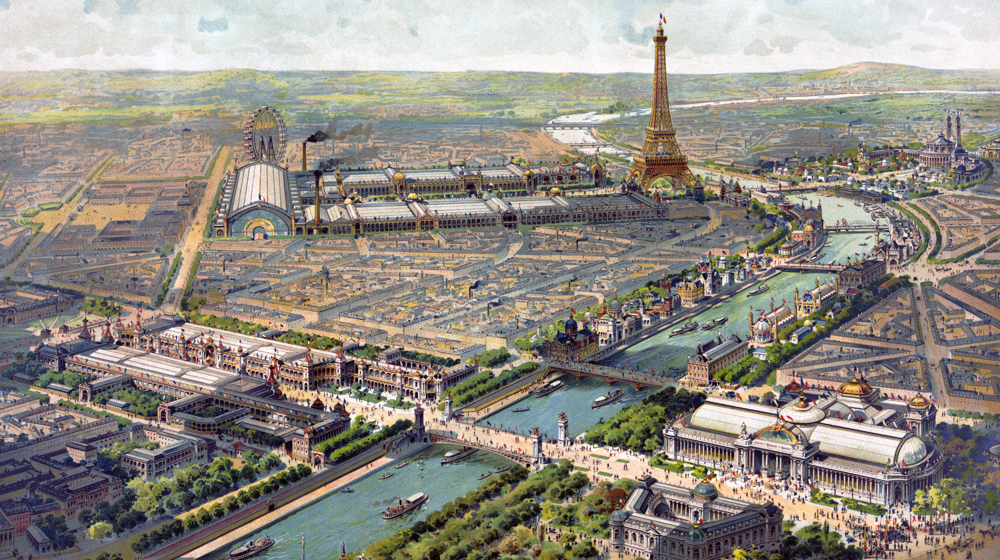 Lithograph of the panoramic view of the 1900 Universal Exhibition.