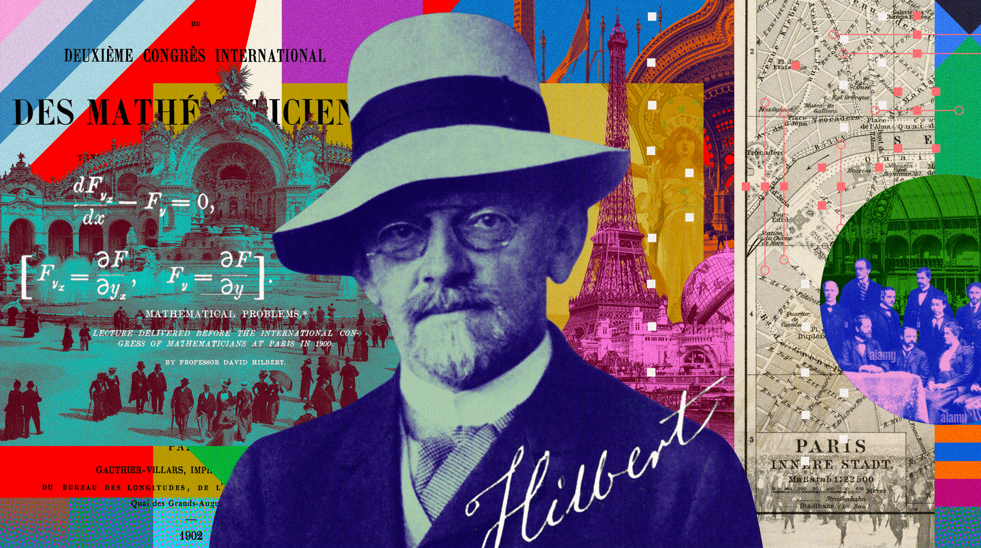 Collage of David Hilbert and imagery of 1900s Paris.