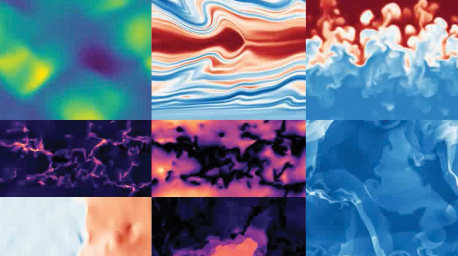 A collage of simulations showing fluid flows