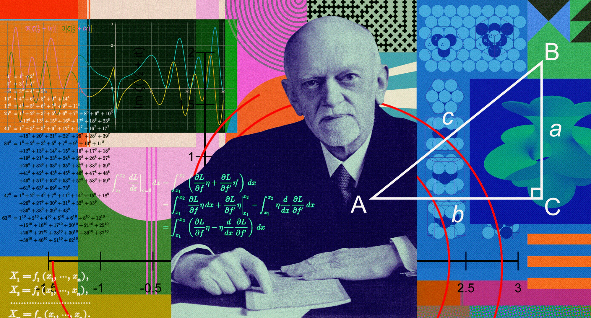 Collage of David Hilbert and mathematical problems.