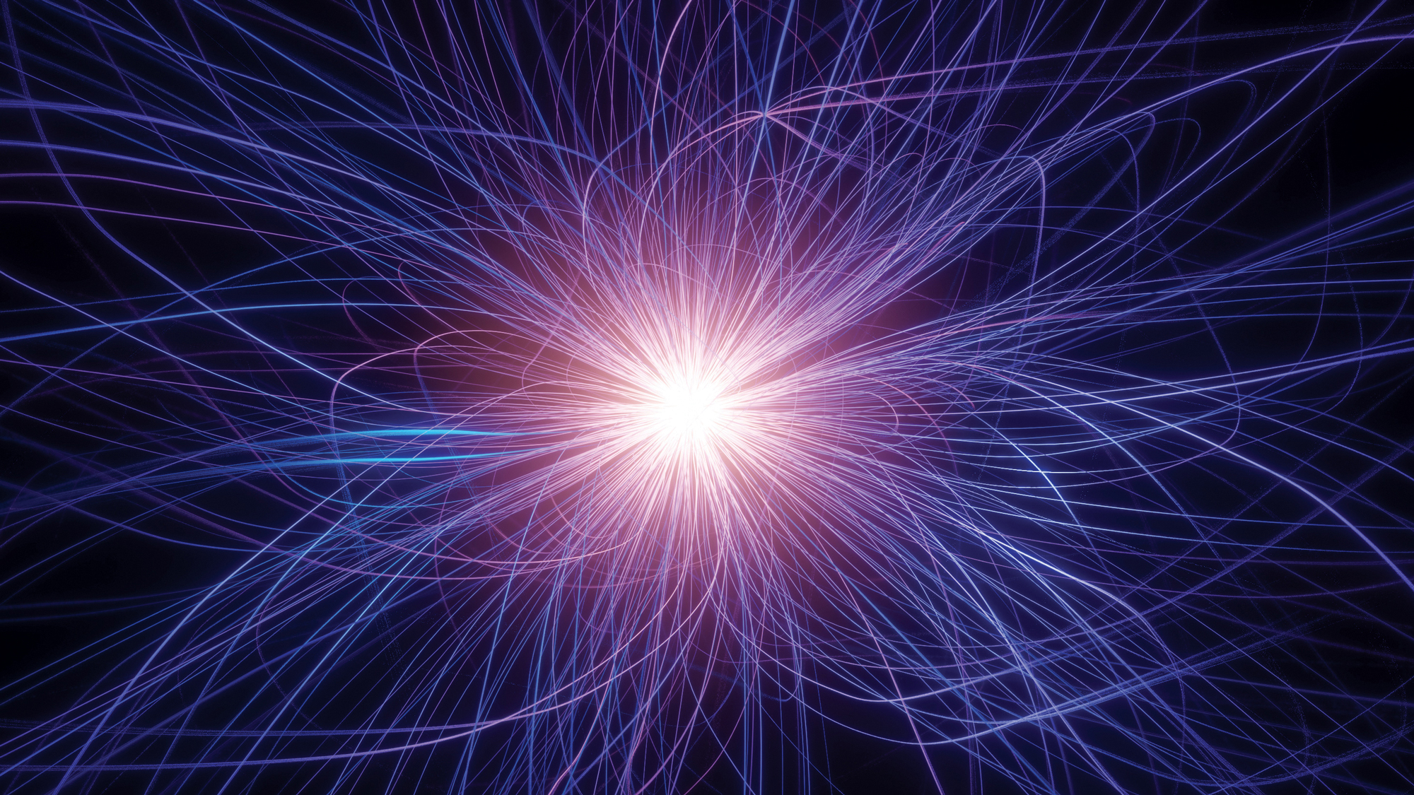 Circular scientific visualization on a black background, resembling an eye or burst pattern. Thousands of thin blue, cyan, and occasional red lines radiate outward from a large black octagonal center, filling a polygonal boundary. The dense network of colored tracks creates a spoked, halo-like structure with intricate overlapping paths and points, suggestive of particle trajectories or complex data flowing outward from a central region.