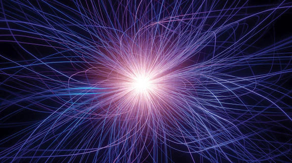 Circular scientific visualization on a black background, resembling an eye or burst pattern. Thousands of thin blue, cyan, and occasional red lines radiate outward from a large black octagonal center, filling a polygonal boundary. The dense network of colored tracks creates a spoked, halo-like structure with intricate overlapping paths and points, suggestive of particle trajectories or complex data flowing outward from a central region.