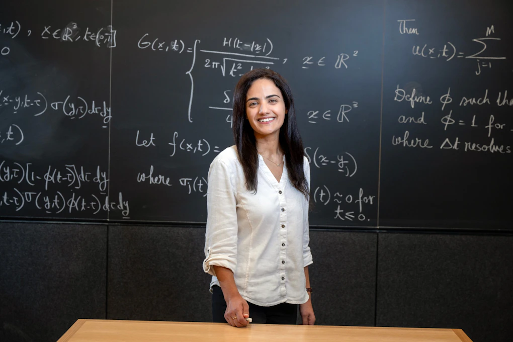 A photo of Nour Al Hassanieh standing in front of a chalkboard.