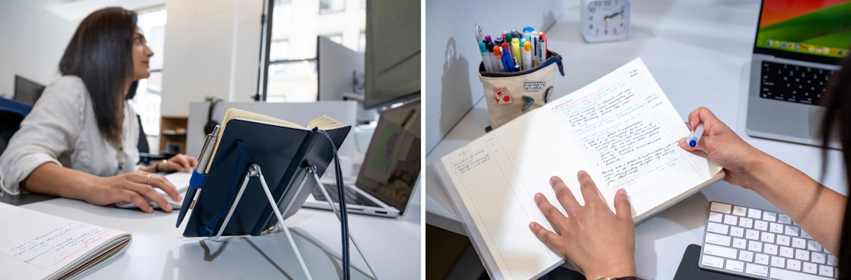 A photo of Nour Al Hassanieh in her office, working on her computer with a look inside her neat notebook.