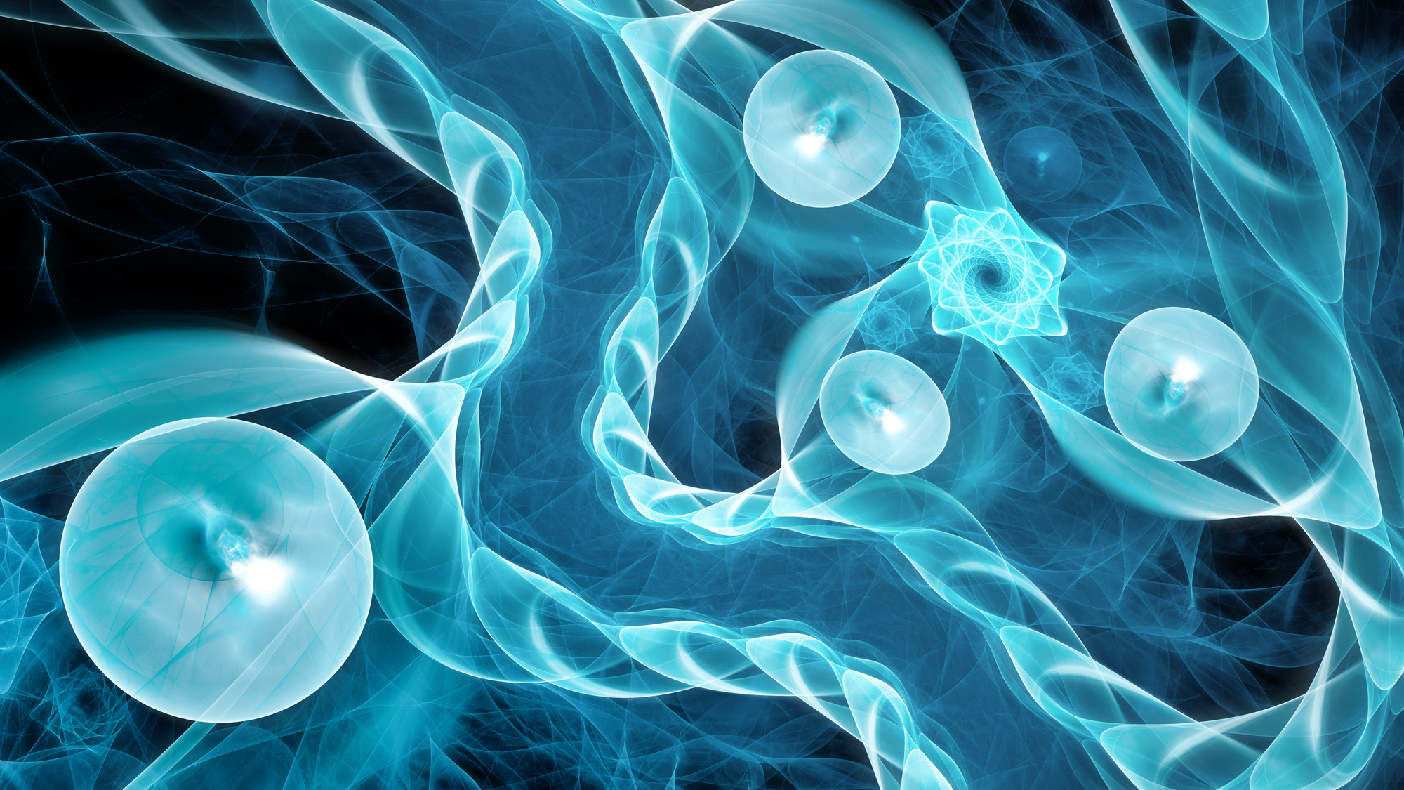 Illustration of a blue-green glowing quantum background with particles floating around.