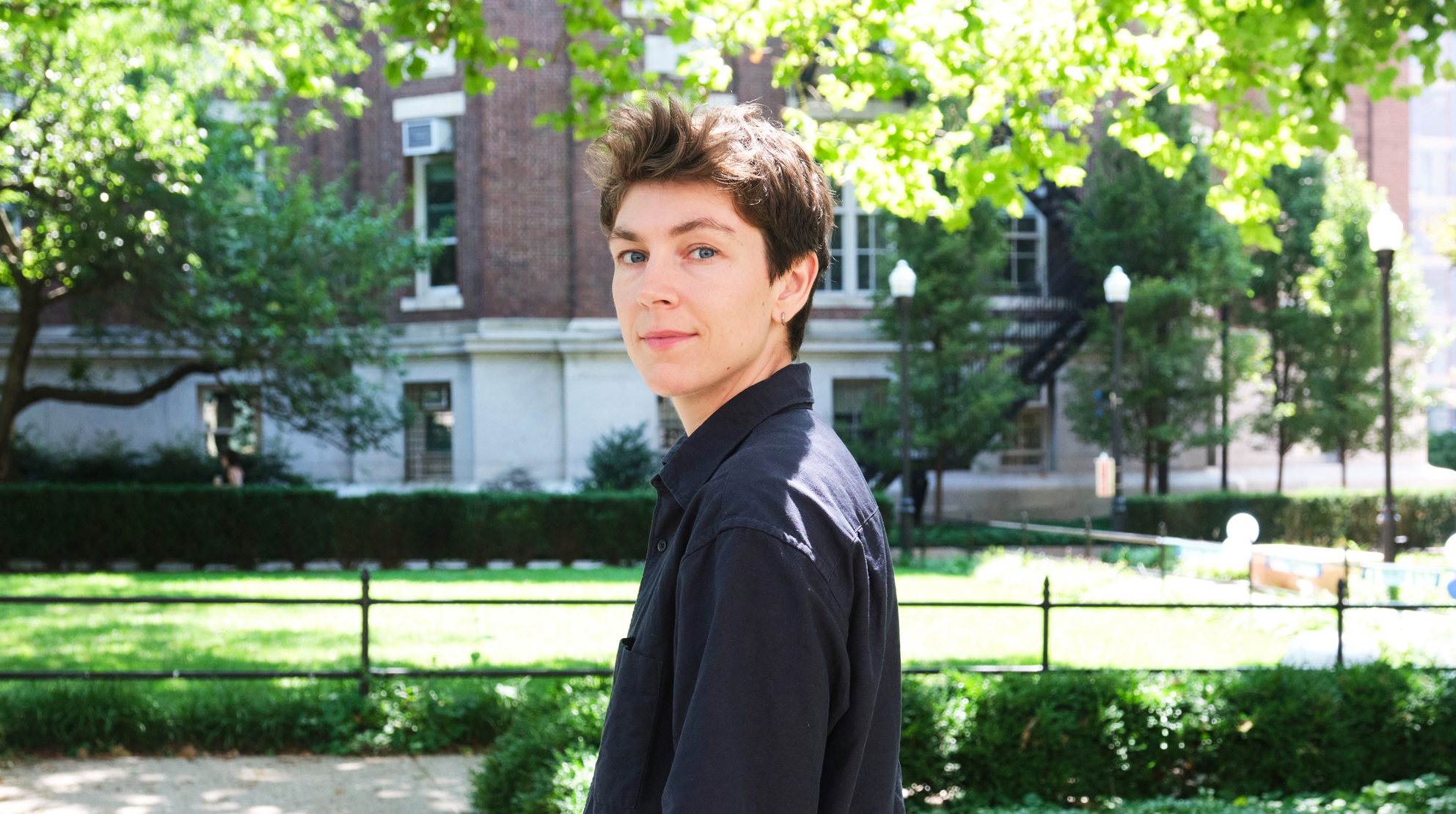 Photo of Elise LePage standing outside the Mathematics building at Columbia University.