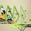 Illustration of a very fast train surrounded by code and cubes.