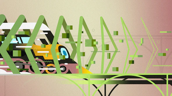 Illustration of a very fast train surrounded by code and cubes.