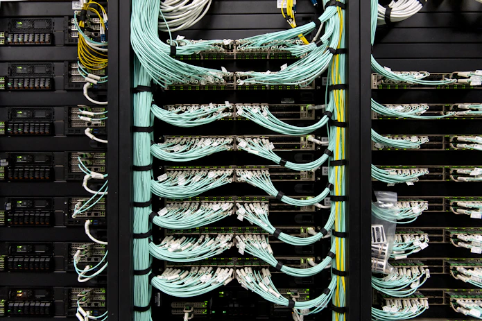 Photo of Empire AI servers with numerous cables and wires visible.