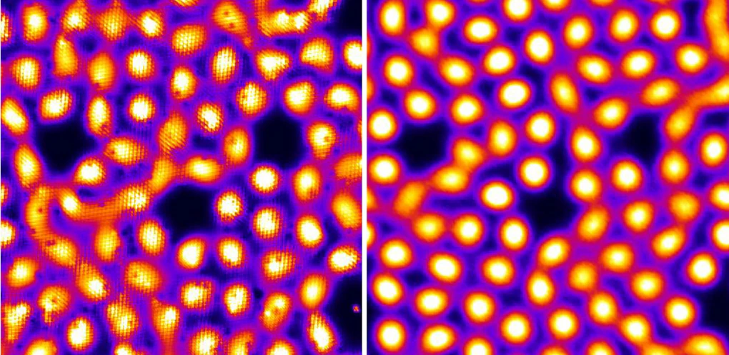 Two images that look very similar that show electrons as glowing orange circles on a black background.
