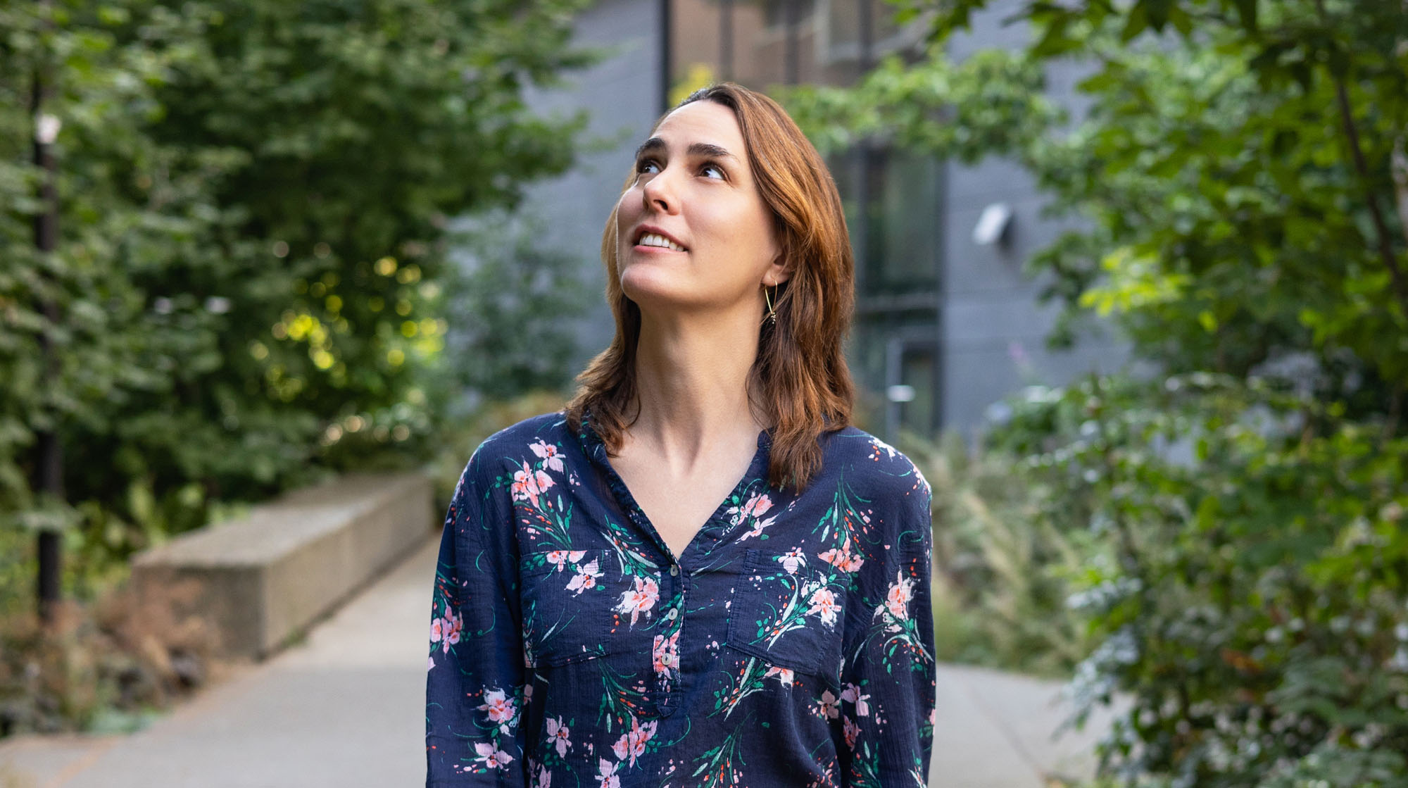 Sofia Landi walking in the grounds outside the Buffalo Memory Lab.