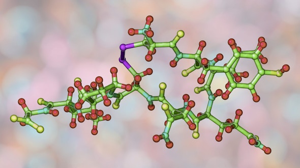 Molecule of oxytocin, a hormone released from the neurohypophysis, 3D illustration. It causes uterine contraction and milk ejection, used in gynecology and lactation treatment