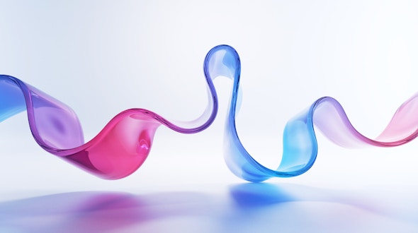 A pink and blue abstract ribbon weaves across the page.