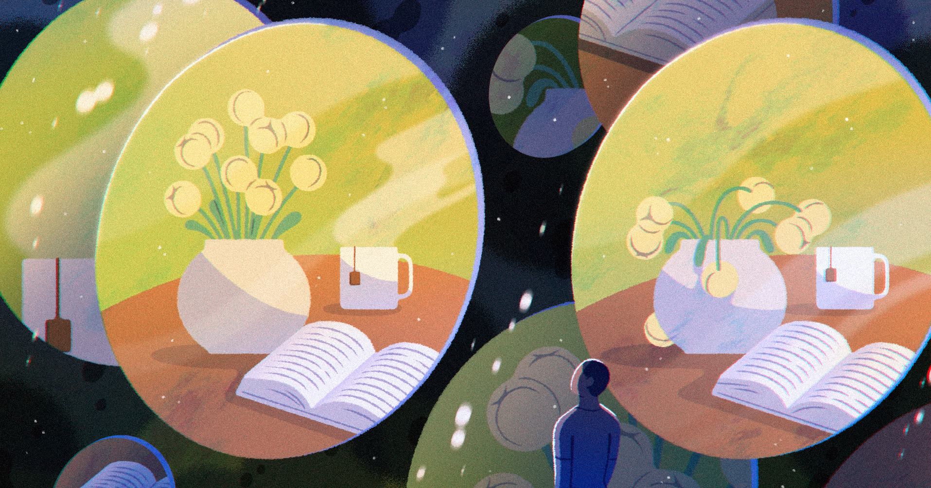 An illustration of a person looking at a vase of flowers and a cup of tea.